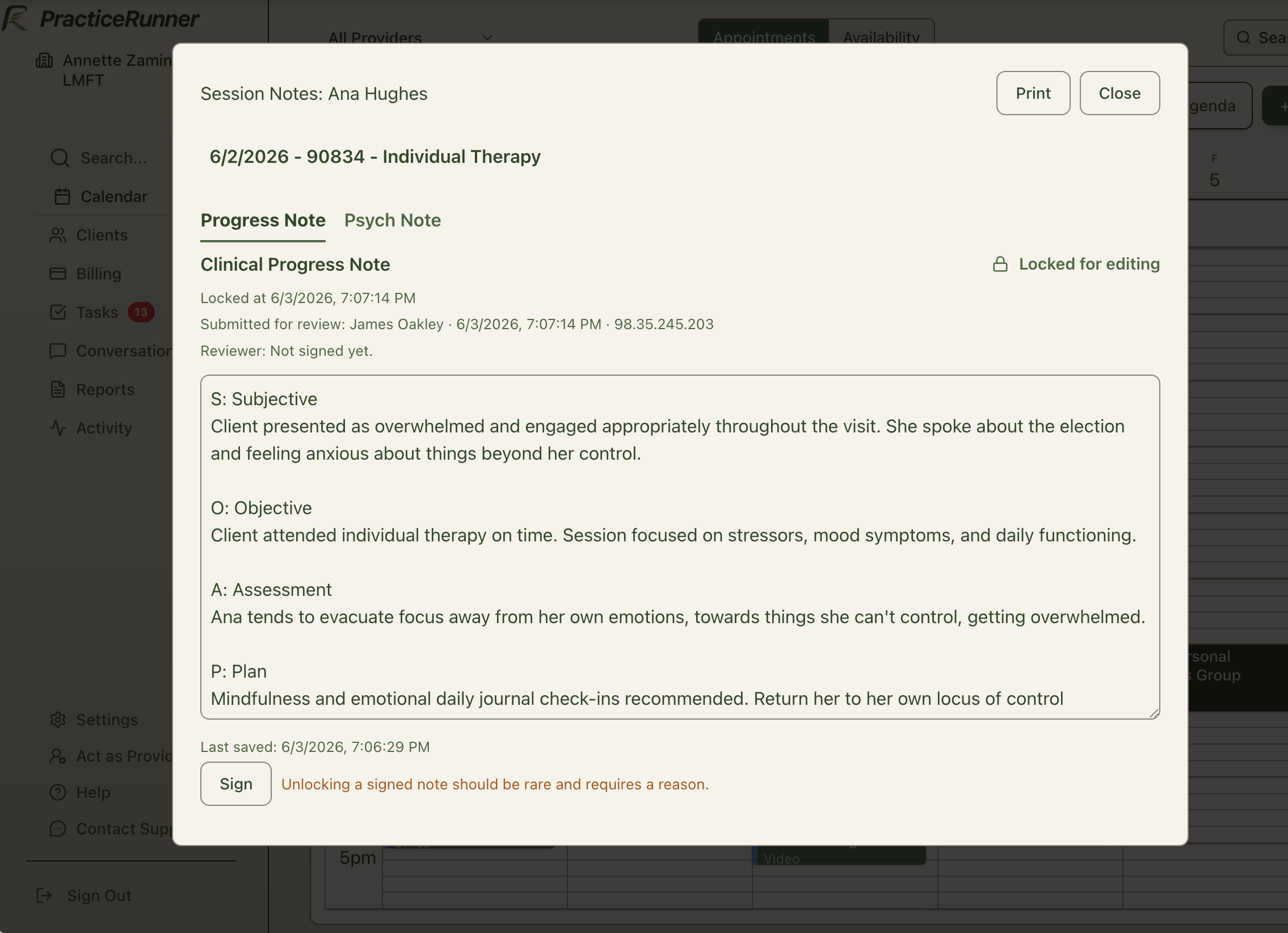 PracticeRunner supervision workflow showing associate note review tasks and supervisor review status.